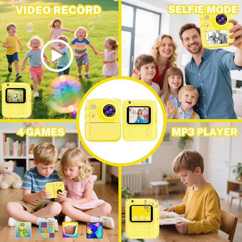 QDH Instant Print Camera for Kids, 1080P Video Camera with 3 Print Rolls, 32GB Card & Cute Cover, Gift for Girls Boys Age 3-12, Toddler Digital Camera with Games, Filters, Music – Yellow - Image 3